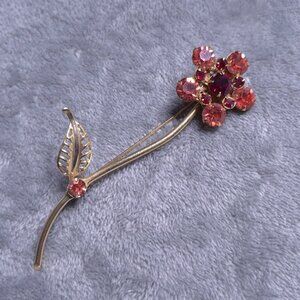 Vintage Pink & Red Rhinestone Flower Brooch With Gold-Tone Stem Leaf Design